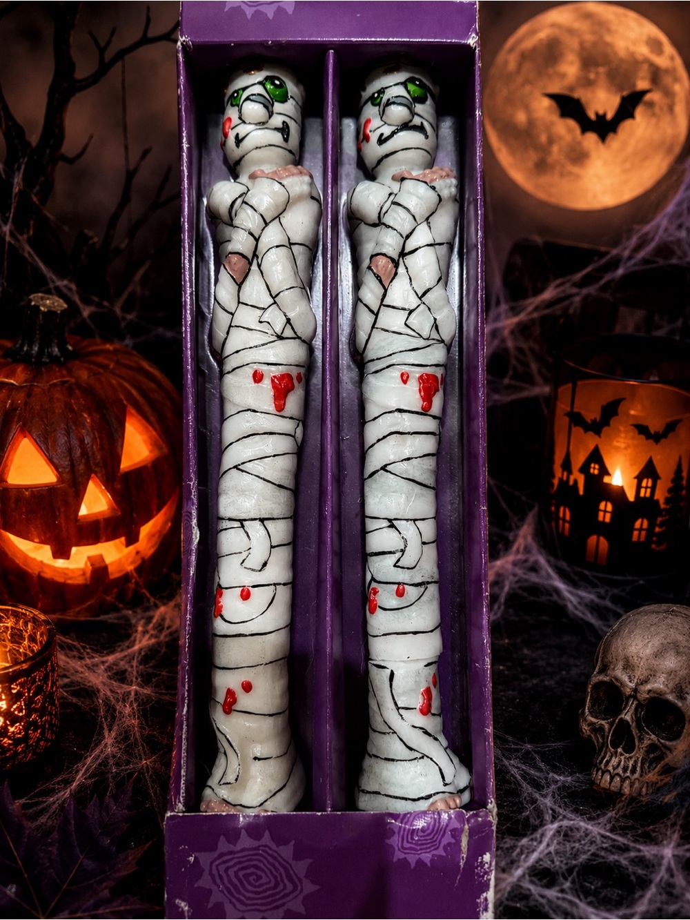 Russ Berrie White Mummy Taper Candle Pair with Red and Green Accents